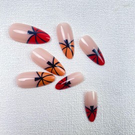 MERVF Thanksgiving Press on Nails Medium Fake Nails Pumpkin French Tip Almond Glue on Nails Red Orange Cute Stiletto Acrylic Nails with Design Press ons False Nails 24pcs Glossy