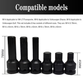 JEUCLEL 6PCS Impact Spline Bit Socket Set, M14 M16 M18 Metric 1/2-Inch Impact Triple Square Socket Kit, Cr-Mo Steel Lengthen Hex Screwdriver Socket Adapter