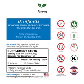 Foods For Gut Bifidobacterium Infantis Probiotic Powder 100 Billion cfu's | Made in USA | NO Additives | Digestive & Immune Support | High Potency | B. Infantis | 100 Gram (3.52 Oz)