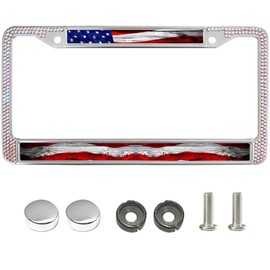American Flag Power Glitter License Plate Frame Christ US Flag Inspirational License Plate Frame Rhinestone God Bless America Bling License Plate Frame for Valentine’s Day with Chrome Mounting Set
