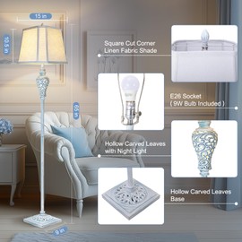 Vintage Floor Lamp with Nightlight, 65" Retro Standing Lamp with White Linen Shade, Washed Blue Finish Farmhouse Style Design Tall Lamp Decor for Living Room Bedroom Study Home Corner (Bulb Included)