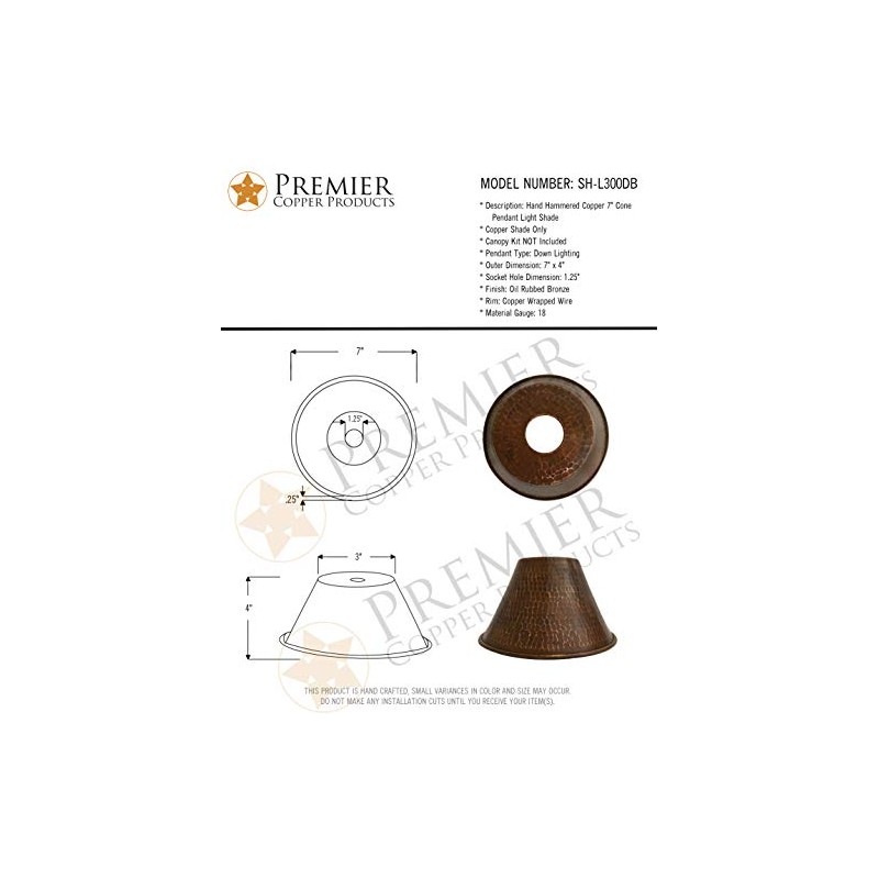 Premier Copper Products SH-L300DB Hand Hammered Copper 7-Inch Cone Pendant