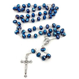 Deep Blue Crystal Beads Rosary Catholic Necklace Holy Soil Medal & Crucifix