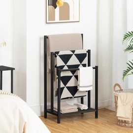 HOOBRO Free Standing Towel Rack for Bathroom, 3 Tier Blanket Rack, Blanket Holder, 16.9" L x 11" W x 31.9" H, Industrial Metal Drying and Display Rack with Shelf, Black#springtok - Color: Black