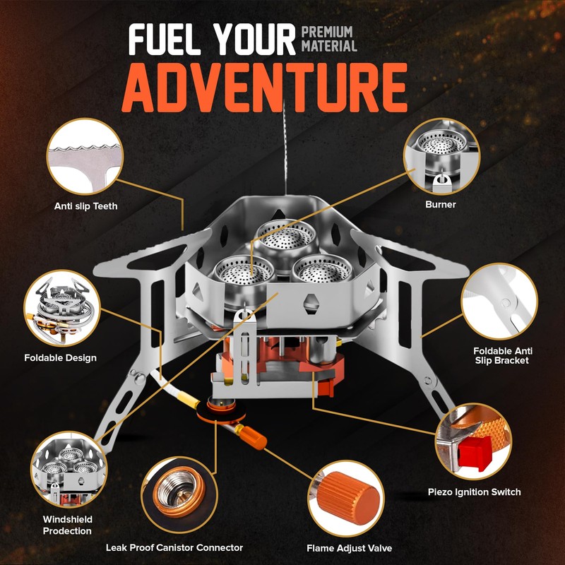 5000W Camping Stove, Backpacking Windproof Camp Stove with Piezo Ignition