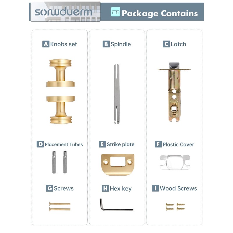 SORWDUERM 2 Pack Gold Door Knob Passage Door Knobs Brushed
