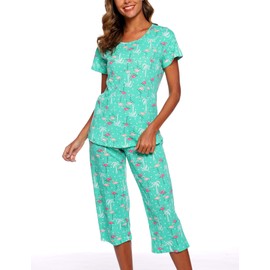 ENJOYNIGHT Women's Cotton Pajamas Set Short Sleeve Top with Capri Pants Sleepwear Set (Large, G.Flamingo)