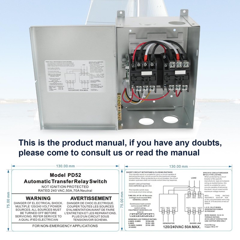 Rimamoka RV Automatic Transfer Switch, 120/240 VAC, 50 Amp, Automatic