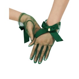GRYUIRY Women Short Pearl Tulle Tea Party Gloves Bridal Bow Mesh Gloves for Wedding Evening Opera Party Hallowmas Costume Accessory Dark Green