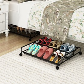 KOSIWU Under Bed Shoe Storage Organizer, Metal Mesh Under Bed Storage Containers with Wheels, Shoe Organizer Drawer Space Saving for Bedroom, 1 Pack