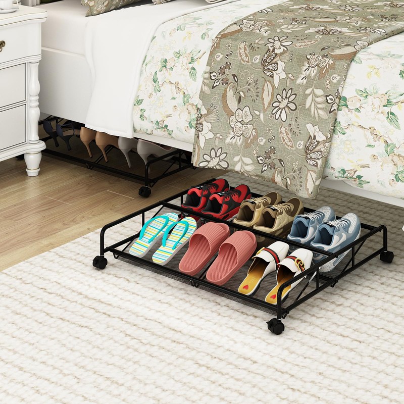 KOSIWU Under Bed Shoe Storage Organizer, Metal Mesh Under Bed