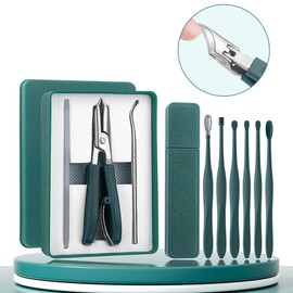 Portable nail clippers, toenail clippers, 3 types of nail care + 6 types of earpicks, tool set, 1 set, green / 휴대용 손톱깎이 발톱깎이 네일관리 3종+귀이개 6종 도구 세트, 1세트, 그린