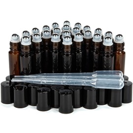 Vivaplex, 24, Amber, 10 ml Glass Roll-on Bottles with Stainless Steel Roller Balls. 3-3 ml Droppers included