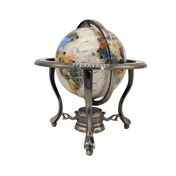Unique Art 10-Inch by 6-Inch Pure Pearl Swirl Ocean Table Top Gemstone World Globe with Silver Tripod