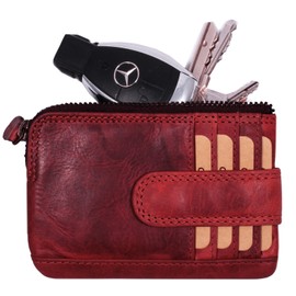 Leather Key Case | Key Case Made of Genuine Cowhide Leather | Key Bag with Card Slots RFID | Women & Men | Genuine Leather Key Folder with 2 Key Rings, red, Modern