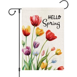 zeevly Hello Spring Floral Garden Flag 12x18 Inch Double Sided Tulips Flowers Small Burlap Yard Flag for Outside