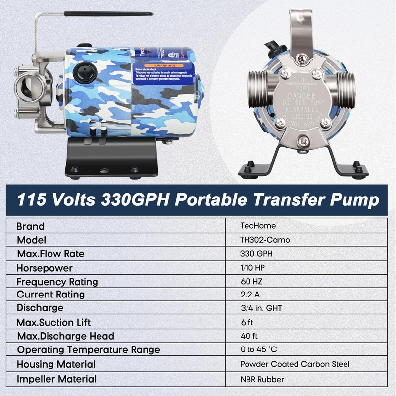 TecHome 115V 1/10HP 330GPH Utility Rain Barrel Waterbed Pump, With