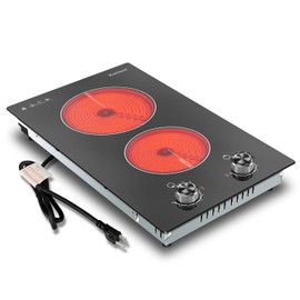 Karinear 110V Electric Cooktop 2 Burners Electric Stove 12 Inch Knob Control Countertop & Built-in Ceramic Cooktop, 9 Heating Level, Hot Warning, Over-Temperature Protection(Silver Knob)