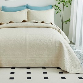 WINLIFE 100% Cotton Quilt Set Full/Queen 90x98 Inch Beige Summer Bedspread Super Soft Lightweight Matelasse Embroidery Floral Coverlets for All Season, 3 Piece (1 Quilt, 2 Pillow Shams)