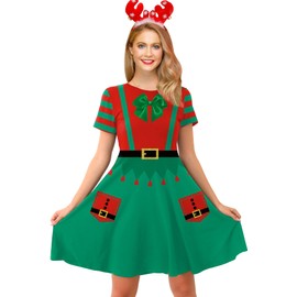 For G and PL Christmas Women's Fancy Novelty Party Short Sleeve Elf Santas Funny Printed Dress Green XXL