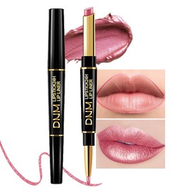 evpct 1Pcs Natural Pink Metallic Shine Shimmer Lip Liner and Lipstick Combo Set Kit for Women, DNM Lightweight Hydrating Formula High Impact Full Coverage Lipstick and Lip Liner Makeup Gloss, 20#