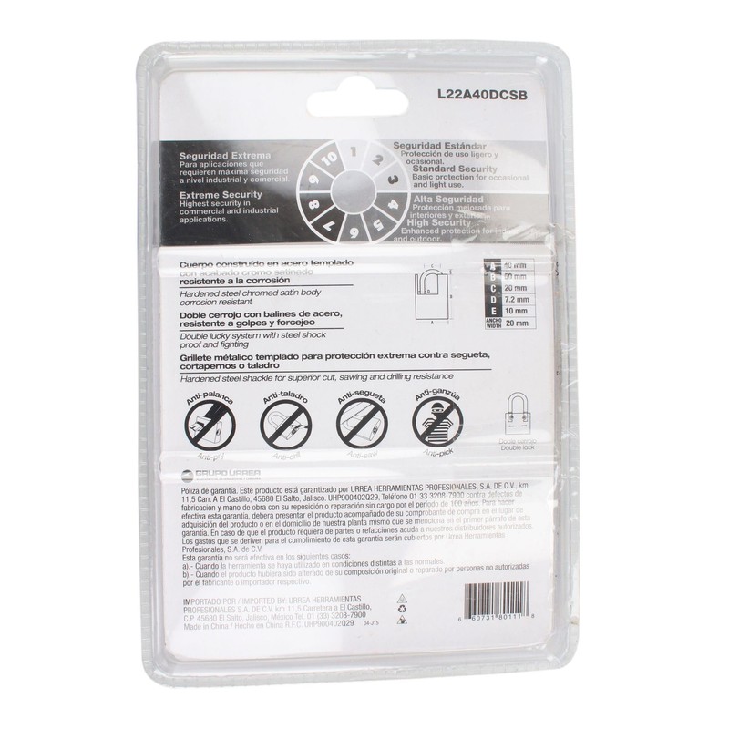 Lock L22A40DCSB Candado de Acero Antipalanca, Llave de Discos, Cromo