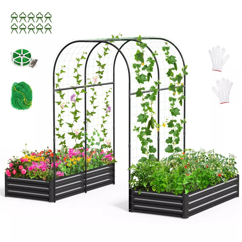 Unbranded Galvanized Raised Garden Bed with 85in Tall Garden Trellis,Plante