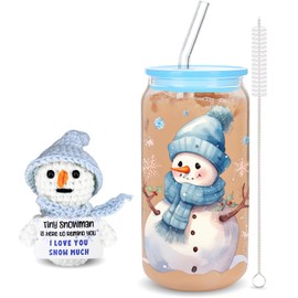 Blue Winter Gifts Set with Glass Cup & Dolls for Friends Coworkers Teachers Family Daughter Snowman Doll with Positive Card Perfect for XMAS and Festive Celebrations Drinking Glass for Christmas Decor