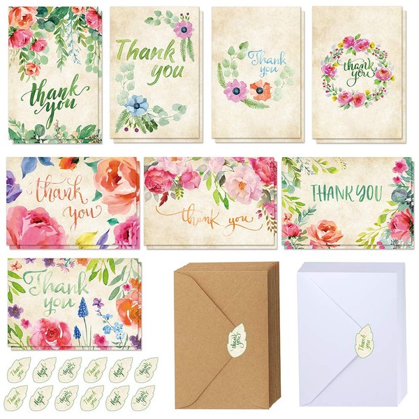 120 Sets Bulk Thank You Cards with Envelopes Stickers Assortment Blank Thank You Note Cards 8 Designs Watercolor Floral Calligraphy Thank You for Wedding Baby Shower Birthday Party Greeting Stationery