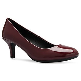 OLIVIA K Women's Comfort Classic Round Toe Kitten Low Mid Heel Dress Pumps, 10 B(M) US, Wine Patent