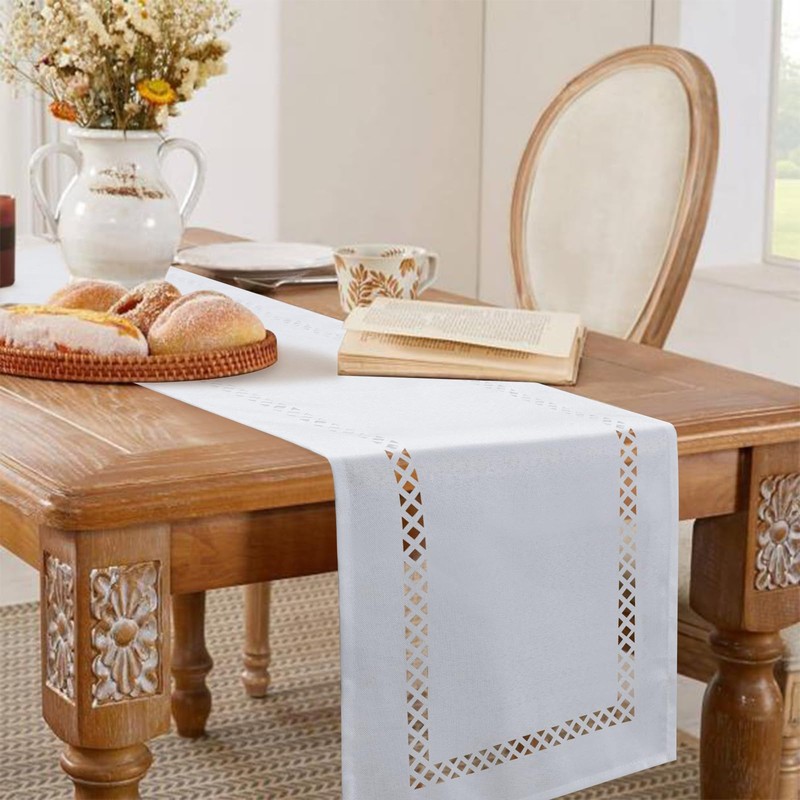 BAZIOE Modern Table Runner White Linen Table Runner Washable Openwork