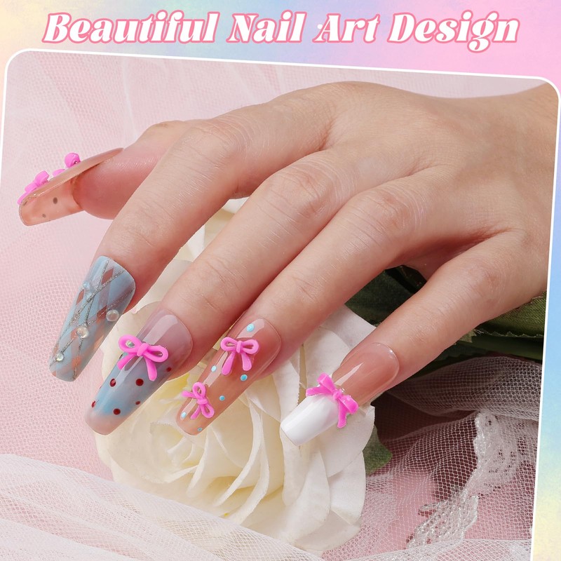 2 Boxes 3D Bow Nail Charms, Rose Mini Bow Charms