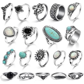 17IF 19 Pcs Vintage Silver Knuckle Rings Set for Women Turquoise Bohemian Black Crystal Colorful Stone Rings Aesthetic Grunge Stackable Gothic Ring Adjustable Punk Bulky Boho Finger Alt of Ring Pack