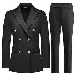 Lamgool Women Pants Suit Double Breasted 2 Piece Blazer Set Work Casual Jacket Outfits for Business (Black, Large)