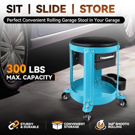 Auto Dynasty Round Mechanics Roller Seat, 300 LBS Capacity Rolling Creeper Garage Shop Seat with Drawers and Tool Tray, Mechanic Stool with Removable Padded Seat for Workshop Auto Repair, Blue
