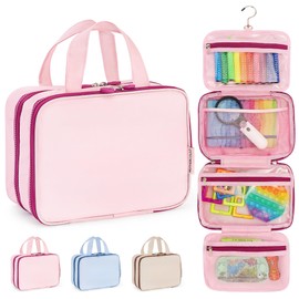 Kids Travel Organizer – Multi-Compartment, Water-Resistant Hanging Bag for Toys, Snacks, & Activities - Compact, Lightweight Design with Hook & Carry Handle - Perfect for Travel Use (Pink, Small)