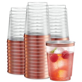 AUTOWNLUX Pack of 50 Hard Plastic Cups with Rose Gold Trim, 300 ml/10 oz Plastic Drinking Cups, Reusable Transparent Party Cups for Party, Wedding, Birthday