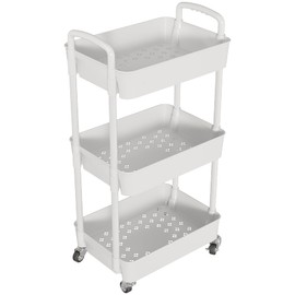 Laiensia 3-Tier Rolling Cart with Wheels,Multifunction Utility Storage carts, Kitchen Storage Organizer,Mobile Shelving Unit for Bathroom,Laundry,with Classified Stickers,White