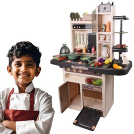 Modern Kids Kitchen Playset Role Play Toy for Boys & Girls with Steam, Water Tap, Music, Lights & 65 Accessories – Pretend Cooking Set with Drawing Board & Storage – (36.8" x 28")