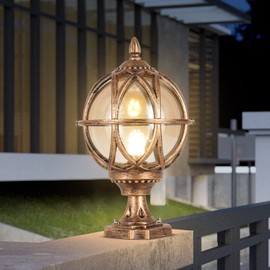 PTOUG Outdoor Post Light, Globe Glass Lampshade Pillar Lights 15in Aluminum IP55 Waterproof Post Lamp E26 Fence Pedestal Column Lights, 1-Light Exterior Vintage Patio Pillar Pole Lantern