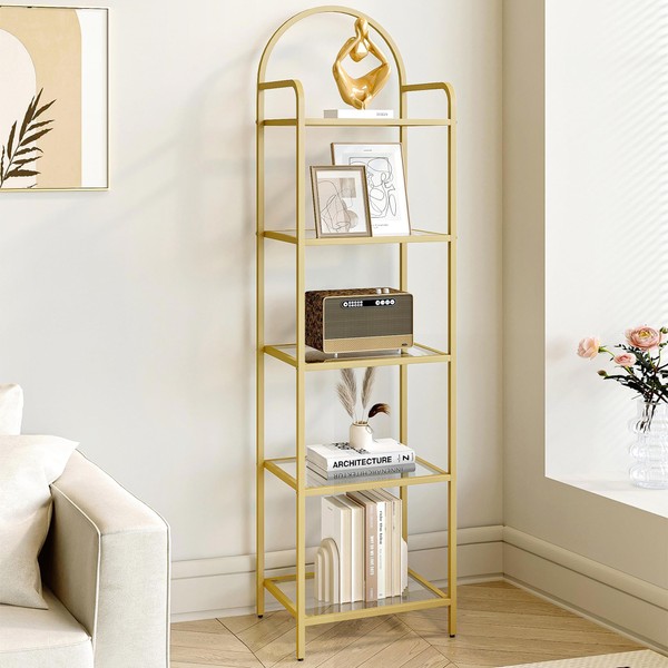 Hzuaneri Bookcase Bookshelf, Tempered Glass Bookshelves, Slim Shelving Unit for Bedroom, Bathroom, Home Office, Steel Frame, 5 Tier Gold BC05001G
