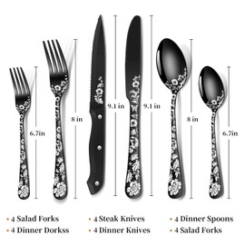 24-Piece Black Silverware Set with Steak Knife, Black Flatware Sets for 4, Stainless Steel Cutlery Set Includes Forks Knives Spoons,Unique Pattern Design，Mirror Polished and Dishwasher Safe