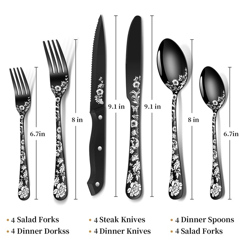 24-Piece Black Silverware Set with Steak Knife, Black Flatware Sets