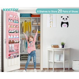KEETDY Over The Door Shoe Organizer Fit 20 Pairs Sneakers Large Hanging Shoe Organizer for Closet Door Storage Boots, Pink