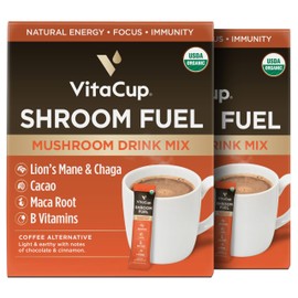 VitaCup Shroom Fuel, Mushroom Based Instant Coffee Alternative Packets, Mushroom Coffee Substitute w/Cacao, Cinnamon, Chaga, Lions Mane, & Maca for Energy, Immune Support, & Focus, 48 ct