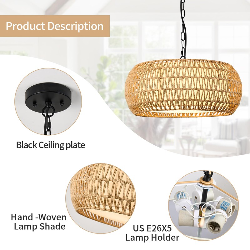 ALAISLYC 19 Inch Boho Chandeliers for Dining Room 5-Lights Farmhouse