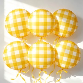 6Pcs Yellow Gingham Balloons/18 Inch Yellow Checkered Plaid Foil Balloons for Lemonade Stand Party/Summer Picnic/Garden Party/Cottagecore Bridal Shower/Baby Shower/Fall Harvest Thanksgiving