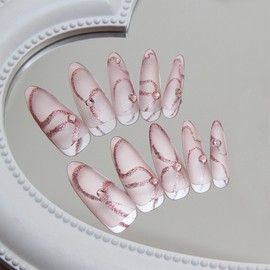 30Pcs Sparkly Curve Line Press on Nails for DIY Manicure Long Stiletto Glossy Pink Glitter Acrylic False Nails Rhinestones Fake Nails Gel Glue on Nails Stick on Nails for Coquette Women Elegant Design