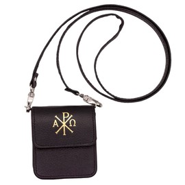 Funda Pyx de piel auténtica con grano de becerro negro | Forro de terciopelo rojo | Correa extraíble | Accesorio del Ministerio Eucarístico Cristiano | Gran regalo católico para ordenación, Negro -, Bolsa