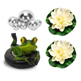 Set of 9 Mini Ponds Decoration Set Swimming Frog with for Mini Pond Patio Pond Zinc Tubs Solar Fountain Garden Balcony Ponds Decoration (1 Backfloat Frog, 6 Swimming Balls and 2 Floating Lotus USB